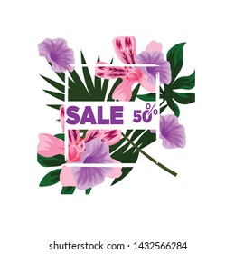 Floral colorful flowers in a frame. 50 percent discount Sale banner template design. Big sale special offer. 50 percen discount Special offer banner for poster, flyer, brochure, sticker. Vector illustration.