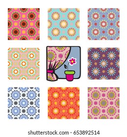 Floral colorful geometric seamless patterns set. Textile prints for pillows and curtains. Cartoon window with flower.