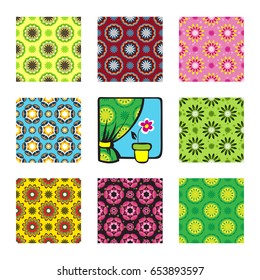 Floral colorful geometric seamless patterns set. Textile prints for pillows and curtains. Cartoon window with flower.