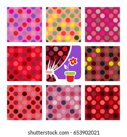 Floral colorful geometric seamless patterns set. Textile prints for pillows and curtains. Cartoon window with flower.