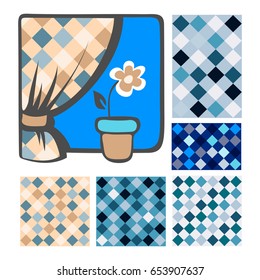 Floral colorful geometric seamless patterns set. Textile prints for pillows and curtains. Cartoon window with flower.