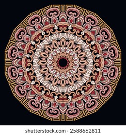 Floral colorful greek key meanders ornamental mandala pattern. Vector modern tribal ethnic style background. Beautiful ornaments with swirls, doodle lines, flowers, leaves, frame, mandala.