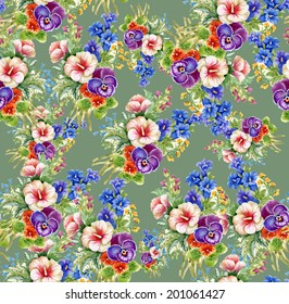 Floral colorful mallow flowers pattern on green background vector