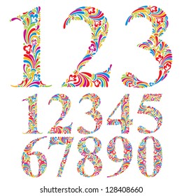 Floral colorful numbers set, vector typeface.