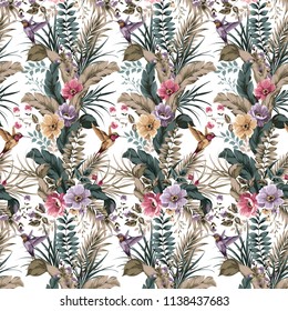 floral colorful pattern with flowers and birds. colibri and colorful flowers