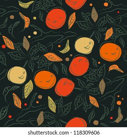 Floral colorful pattern with orange branches. Decorative seamless background