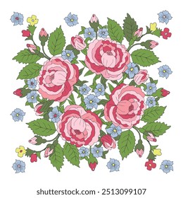 Floral colorful pattern with roses. Vector hand drawn illustration.