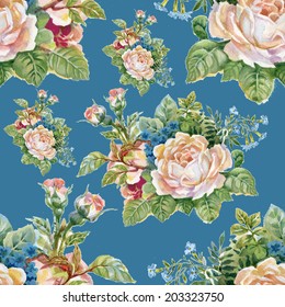 Floral colorful roses flowers seamless pattern on blue background vector