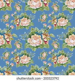 Floral colorful roses flowers seamless pattern on blue background vector