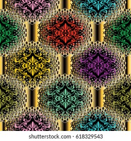 Floral colorful seamless pattern background wallpaper with vintage 3d flowers and floral black and gold striped ornaments. Vector surface 3d texture for fabric, prints, wallpapers, textile, bed linens