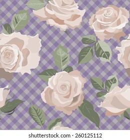 Floral colorful seamless pattern with beige realistic roses. Vector illustration