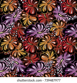Floral colorful seamless pattern. Black flourish vector background. Flowery wallpaper. Modern ornaments with abstract tiled flowers. Luxury elegance texture for fabric, textile, printing and design.