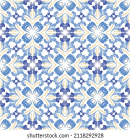 Blumenfarbenes, nahtloses Muster. Blaue Blumen, dekorativer Vektorhintergrund. Moderne blühende, schöne Ornamente. Vektorgrafik wiederholt ethnischen Hintergrund. Vintage Blumen, Blätter. Dekoratives Dekor.