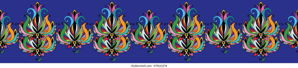 Floral colorful seamless pattern border wallpaper  illustration with decorative vintage colorful  flowers and ornament on the bright blue background.