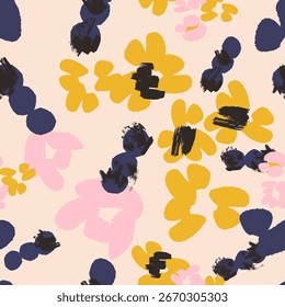 Floral colorful seamless pattern with different abstract flowers. Hand drawn trendy modern Vector illustration. Square background, wallpaper, design, print, wrapping paper