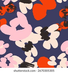 Floral colorful seamless pattern with different abstract flowers. Hand drawn trendy modern Vector illustration. Square background, wallpaper, design, print, wrapping paper