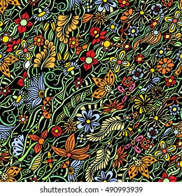 Floral colorful seamless pattern with garden flowers and plants. Perfect for fabric print