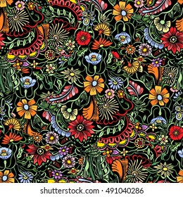 Floral colorful seamless pattern with garden flowers and plants. Perfect for fabric print