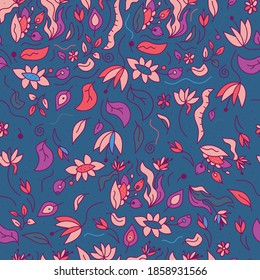 Floral colorful seamless pattern. Great for fabric, textile, and prints. Vector illustration isolated on blue background.