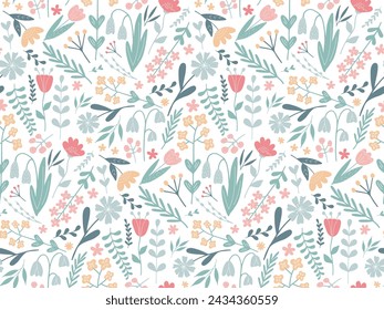 Floral colorful seamless Pattern. Hand drawn Flowers and branches in Scandinavian style. Cute Spring summer plants botanical Background. Flat design illustration for wallpaper, cover, fabric, banner