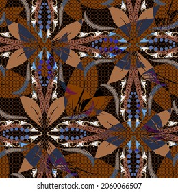 Floral colorful seamless pattern. Ornamental vector lace background. Repeat grid backdrop. Abstract modern ornaments in autumn colors. Ethnic style design with flowers, leaves, greek key, meanders.