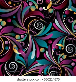 Floral colorful seamless pattern. Ornate flourish black background.Elegant flowery wallpaper. Colorful ornaments with violet blue gold green abstract flowers and vintage curly swirl leaves.