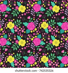 Floral colorful seamless pattern with pink and yellow roses and green leaves on black background. Ditsy print. Elegant and tender vector illustration, floral background for print, scrapbooking etc