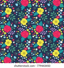 Floral colorful seamless pattern with red and yellow roses and blue flowers and green leaves on dark background. Ditsy print. Vector illustration