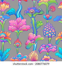 Floral colorful seamless pattern,  retro 60s, 70s hippie style background. Vintage psychedelic textile, fabric, wrapping, wallpaper. Vector repeating illustration. 