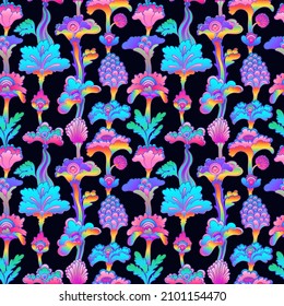 Floral colorful seamless pattern,  retro 60s, 70s hippie style background. Vintage psychedelic textile, fabric, wrapping, wallpaper. Vector repeating illustration. 