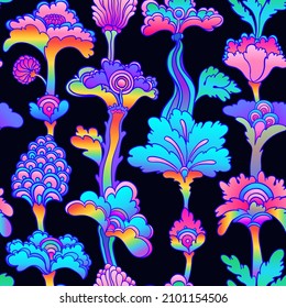 Floral colorful seamless pattern,  retro 60s, 70s hippie style background. Vintage psychedelic textile, fabric, wrapping, wallpaper. Vector repeating illustration. 