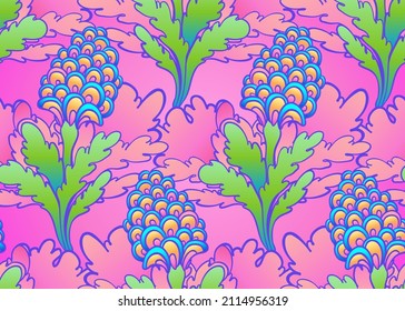 Floral colorful seamless pattern,  retro hippie style background. Vintage psychedelic textile, fabric, wrapping, wallpaper. Vector repeating illustration. 