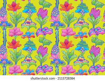 Floral colorful seamless pattern,  retro 60s, 70s hippie style background. Vintage psychedelic textile, fabric, wrapping, wallpaper. Vector repeating illustration. 
