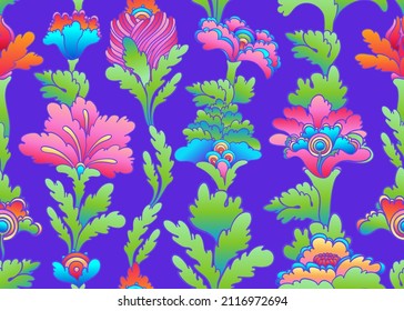 Floral colorful seamless pattern,  retro 60s, 70s hippie style background. Vintage psychedelic textile, fabric, wrapping, wallpaper. Vector repeating illustration. 