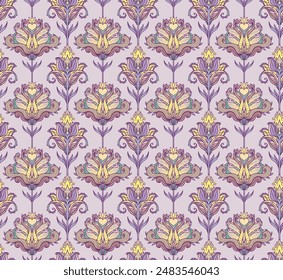 Floral colorful seamless pattern, retro hippie style background. Vintage psychedelic textile, fabric, wrapping, wallpaper. Vector repeating illustration.