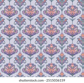Floral colorful seamless pattern, retro hippie style background. Vintage psychedelic textile, fabric, wrapping, wallpaper. Vector repeating illustration.