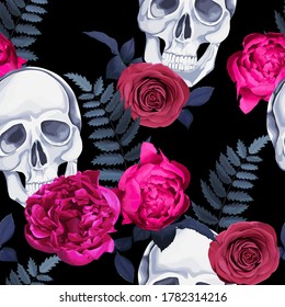 Floral colorful seamless pattern with skull,  red rose and peony. Flower gothic  print on dark background.  Watercolour style. Vector illustration