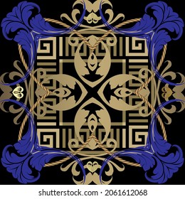 Patrón inmaculado floral y colorido con marco cuadrado, bordes. Fondo del vector ornamental. Ornamentos barrocos. Flores antiguas, hojas, cuerdas, marcos, bordes. Llave griega, serpenteantes. Diseño decorativo.