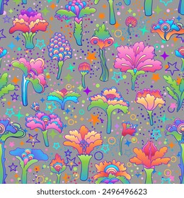Floral colorful seamless pattern with stars, retro 60s, 70s hippie style background. Vintage psychedelic fabric, wrapping paper, wallpaper. Vector repeating illustration.
