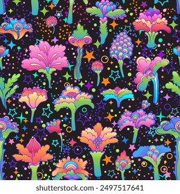 Floral colorful seamless pattern with stars, retro 60s, 70s hippie style background. Vintage psychedelic fabric, wrapping paper, wallpaper. Vector repeating illustration.