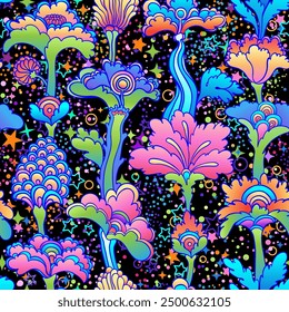 Floral colorful seamless pattern with stars, retro 60s, 70s hippie style background. Vintage psychedelic fabric, wrapping paper, wallpaper. Vector repeating illustration.