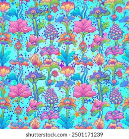 Floral colorful seamless pattern with stars, retro 60s, 70s hippie style background. Vintage psychedelic fabric, wrapping paper, wallpaper. Vector repeating illustration.