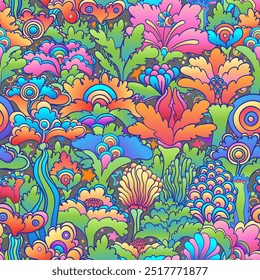 Padrão floral colorido sem costura com estrelas, retro 60s, 70s hippie estilo fundo. Tecido psicodélico vintage, papel de parede, papel de parede. Ilustração de repetição de vetor.