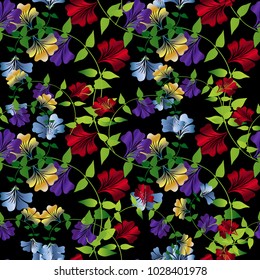 Floral colorful seamless pattern. Vector flourish background wallpaper with vintage bright summer flowers, swirl leaves, curves, lines, abstract ornaments. Luxury design for fabric, prints, textile