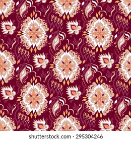 Floral colorful seamless texture on dark red.
Element for design. Ornamental backdrop. Pattern fill. Ornate floral decor for wallpaper. Traditional decor on b dark red background. 