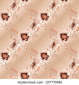 Floral colorful seamless texture on beige.
Element for design. Ornamental backdrop. Pattern fill. Ornate floral decor for wallpaper. Traditional decor on beige background.  