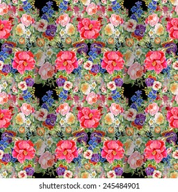 Floral colorful spring flowers seamless pattern on black background vector illustration