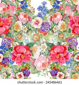 Floral colorful spring flowers seamless pattern on white background vector illustration