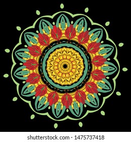 Floral colorful textured mandala pattern. Leafy ethnic style round ornament. Bright decorative abstract design. Multicolor flowers, leaves, lines, shapes. Vector illustration. For cards, prints, walls