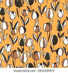 Floral colorful vector illustration with tulips. Simple minimalistic pattern with nature elements. Vector illustration for fabric, textile, poster, invitation. Trendy hand drawn textures.